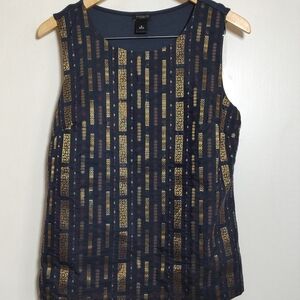 Ann Taylor Navy and Gold Patterned Women's Embroidered Top